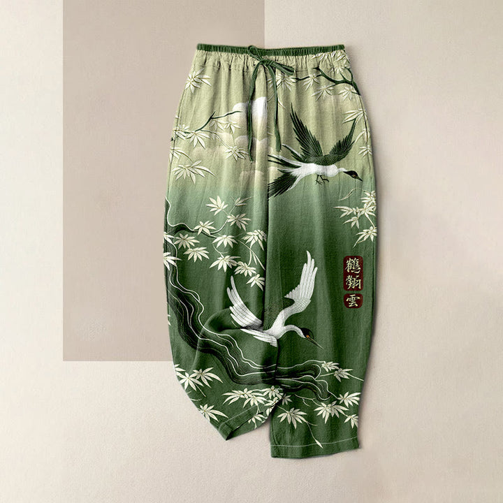 Buddha Stones Pantalones de mujer de algodón puro con elegante estampado de grullas y bambú, cintura elástica y bolsillos. - Verde - US16，UK/AU20，EU48 (3XL) - image 4