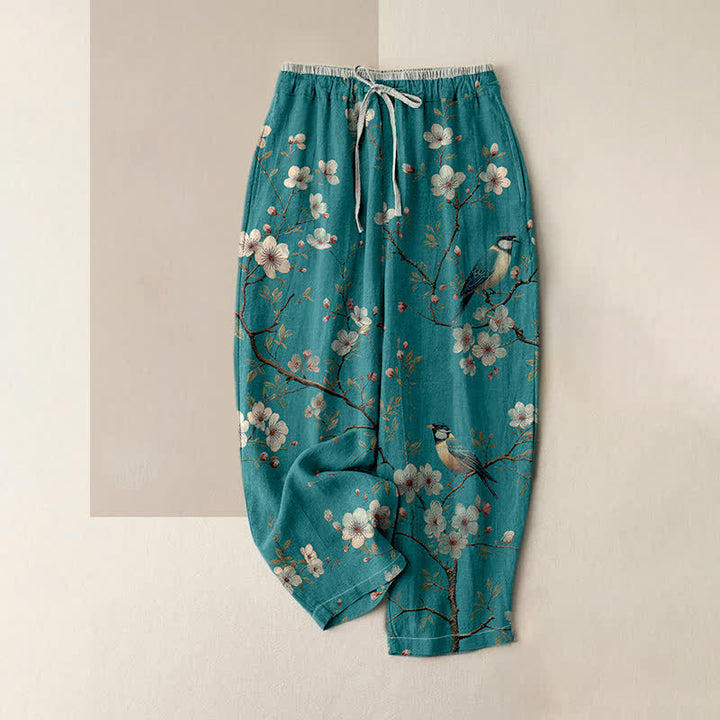 Buddha Stones Pantalones de mujer de algodón puro con elegante estampado de flores de cerezo y cintura elástica con bolsillos. - Turquesa medio - US16，UK/AU20，EU48 (3XL) - image 0