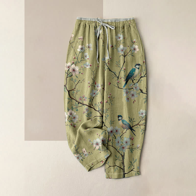 Buddha Stones Pantalones de mujer de algodón puro con elegante estampado de flores de cerezo y cintura elástica con bolsillos. - VerdeAmarillo - US16，UK/AU20，EU48 (3XL) - image 3