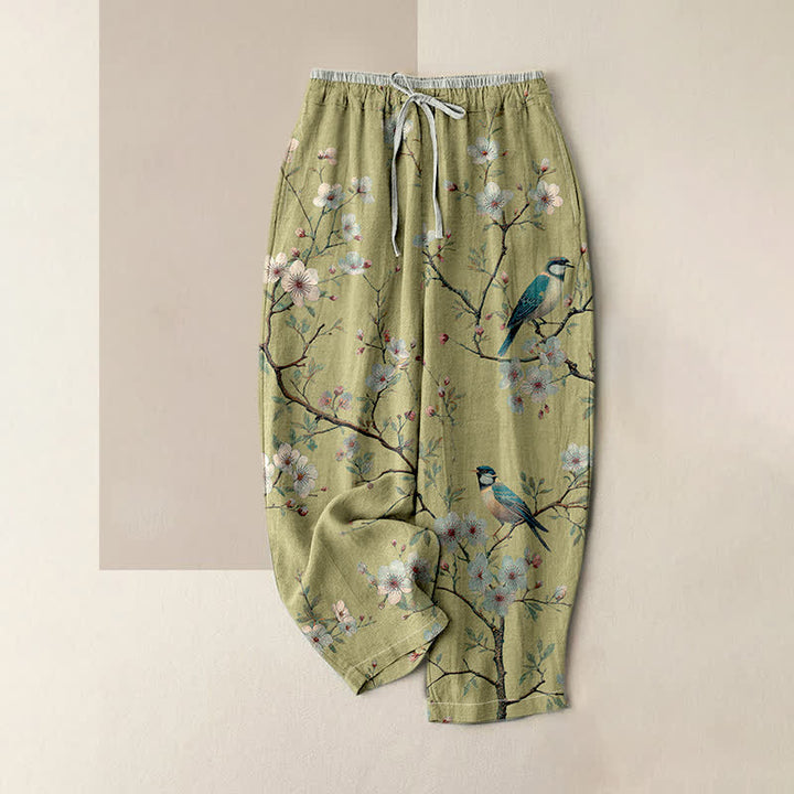 Buddha Stones Pantalones de mujer de algodón puro con elegante estampado de flores de cerezo y cintura elástica con bolsillos. - VerdeAmarillo - US16，UK/AU20，EU48 (3XL) - image 3