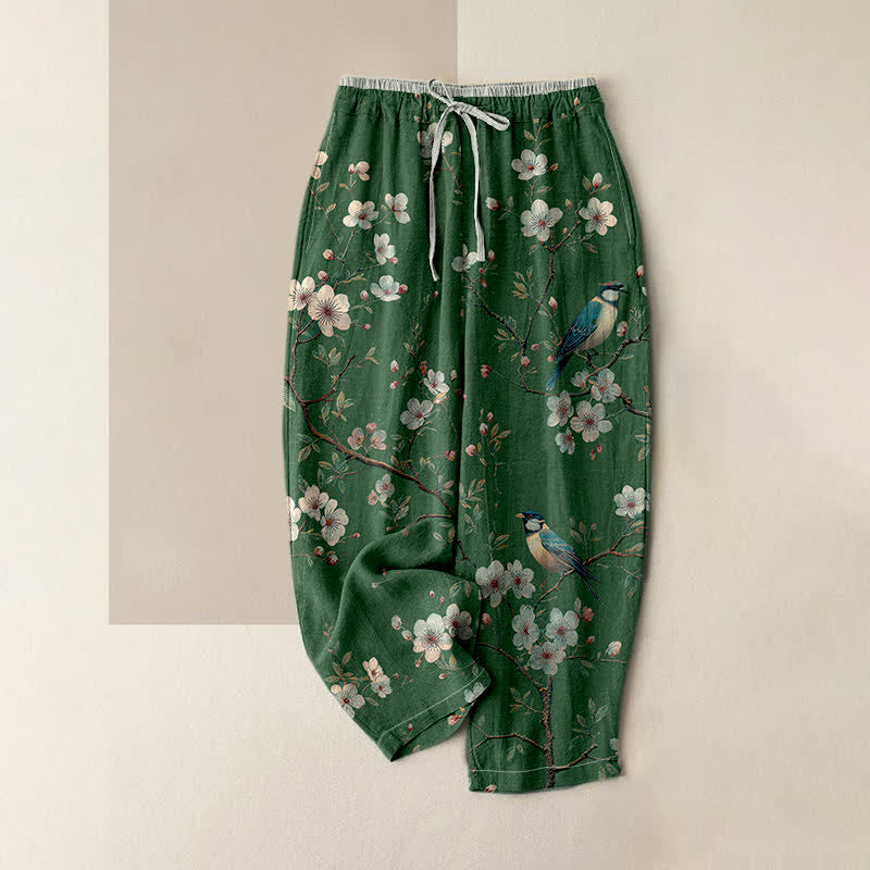 Buddha Stones Pantalones de mujer de algodón puro con elegante estampado de flores de cerezo y cintura elástica con bolsillos. - Verde bosque - US16，UK/AU20，EU48 (3XL) - image 4
