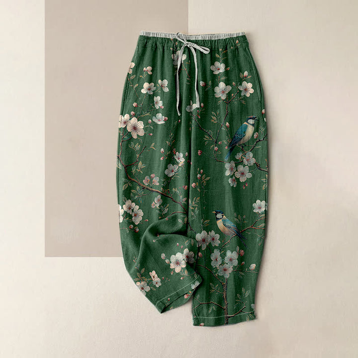 Buddha Stones Pantalones de mujer de algodón puro con elegante estampado de flores de cerezo y cintura elástica con bolsillos. - Verde bosque - US16，UK/AU20，EU48 (3XL) - image 4
