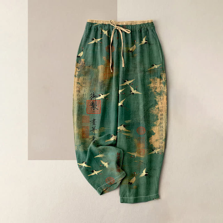 Buddha Stones Pantalones de mujer de algodón puro con estampado de caligrafía vintage de grullas y cintura elástica con bolsillos. - Verdemar - US16，UK/AU20，EU48 (3XL) - image 0