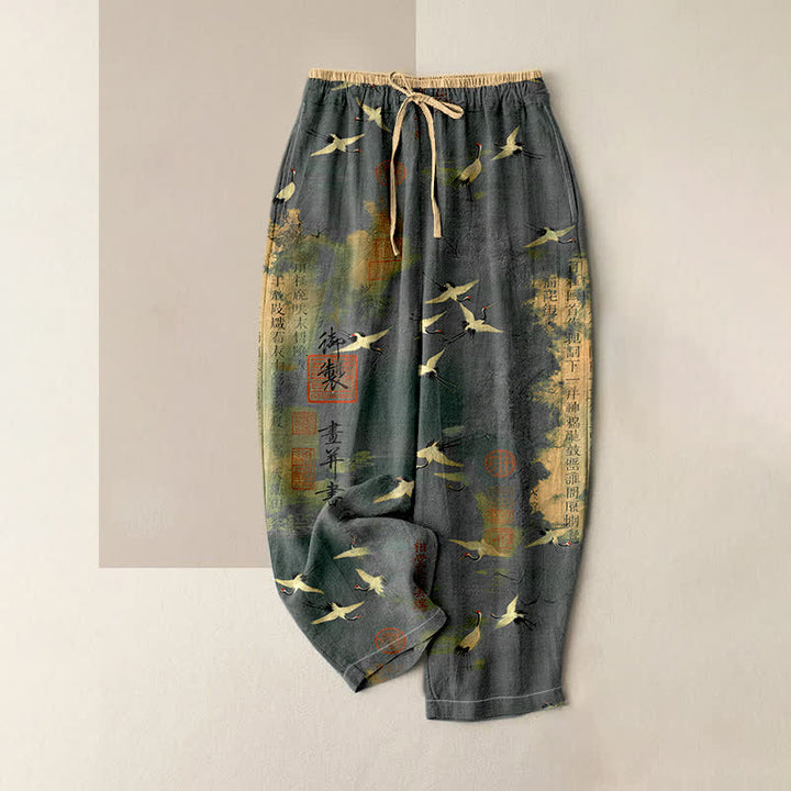 Buddha Stones Pantalones de mujer de algodón puro con estampado de caligrafía vintage de grullas y cintura elástica con bolsillos. - Gris pizarra - US16，UK/AU20，EU48 (3XL) - image 3