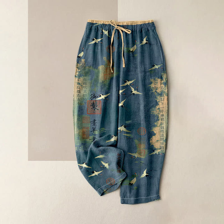 Buddha Stones Pantalones de mujer de algodón puro con estampado de caligrafía vintage de grullas y cintura elástica con bolsillos. - Azul acero - US16，UK/AU20，EU48 (3XL) - image 4