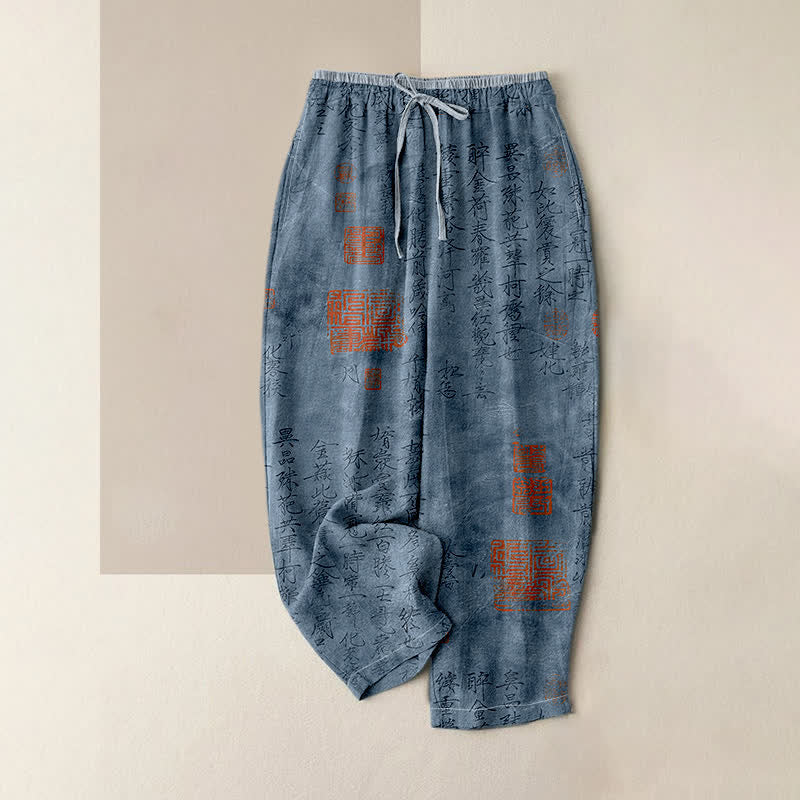 Buddha Stones Pantalones de mujer de algodón puro con estampado de sellos de caligrafía vintage, cintura elástica y bolsillos. - Azul acero - US16，UK/AU20，EU48 (3XL) - image 3