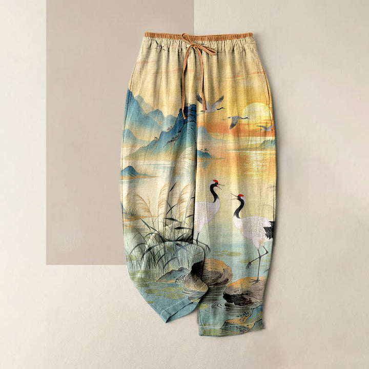 Buddha Stones Pantalones de mujer de algodón puro con elegante estampado de paisaje de grullas y cintura elástica con bolsillos. - Turquesa oscuro - US16，UK/AU20，EU48 (3XL) - image 0
