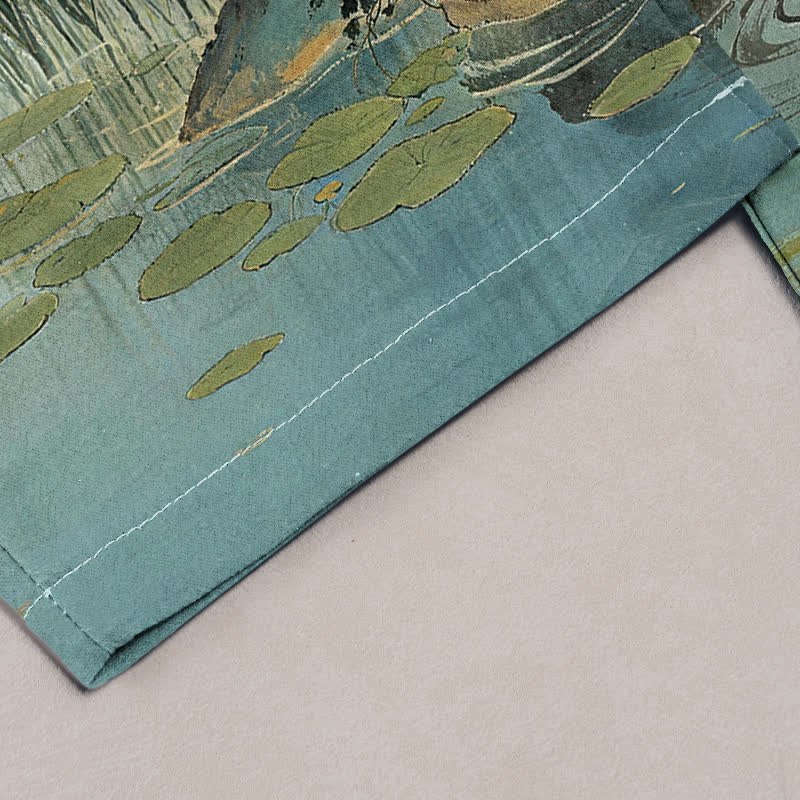 Buddha Stones Pantalones de mujer de algodón puro con elegante estampado de paisaje de grullas y cintura elástica con bolsillos. - image 1