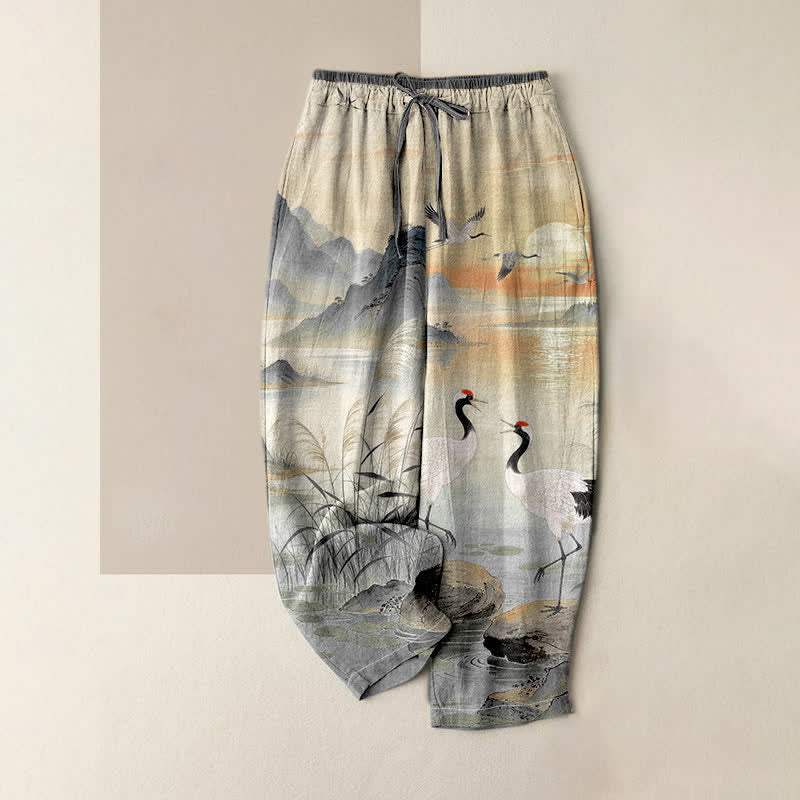 Buddha Stones Pantalones de mujer de algodón puro con elegante estampado de paisaje de grullas y cintura elástica con bolsillos. - Gris oscuro - US16，UK/AU20，EU48 (3XL) - image 3