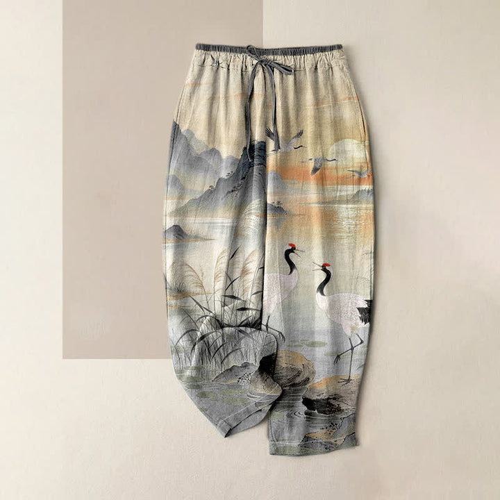 Buddha Stones Pantalones de mujer de algodón puro con elegante estampado de paisaje de grullas y cintura elástica con bolsillos. - Gris oscuro - US16，UK/AU20，EU48 (3XL) - image 3