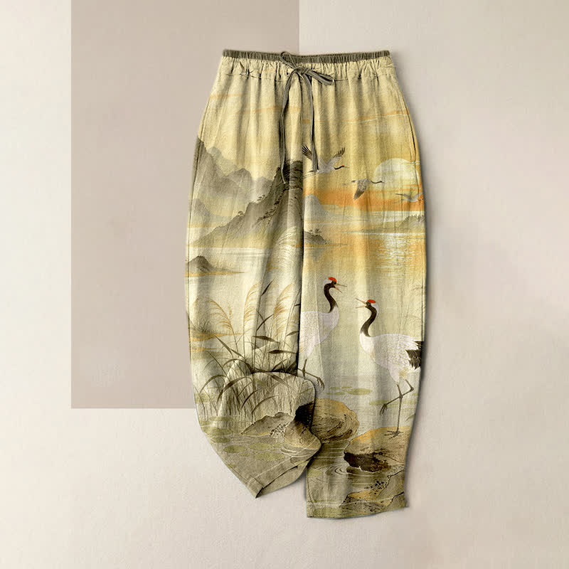 Buddha Stones Pantalones de mujer de algodón puro con elegante estampado de paisaje de grullas y cintura elástica con bolsillos. - Caqui oscuro - US16，UK/AU20，EU48 (3XL) - image 4