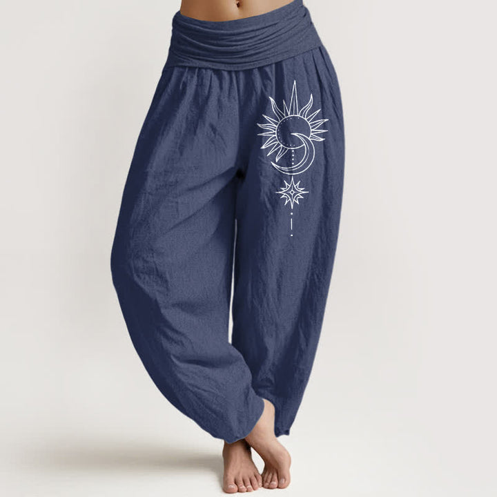 Buddha Stones Pantalones harem de algodón puro con estampado de sol, luna y estrellas para mujer, con cintura elástica. - Azul pizarra oscuro - US16，UK/AU20，EU48 (3XL) - image 0