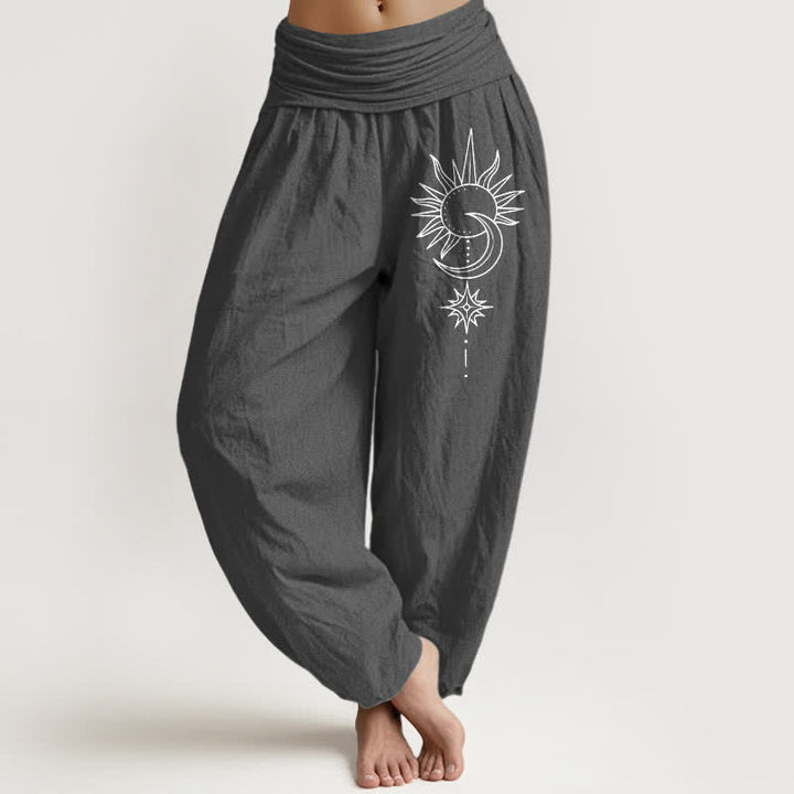 Buddha Stones Pantalones harem de algodón puro con estampado de sol, luna y estrellas para mujer, con cintura elástica. - Gris oscuro - US16，UK/AU20，EU48 (3XL) - image 8