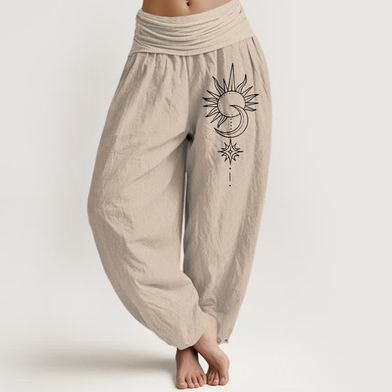 Buddha Stones Pantalones harem de algodón puro con estampado de sol, luna y estrellas para mujer, con cintura elástica. - Broncearse - US16，UK/AU20，EU48 (3XL) - image 11