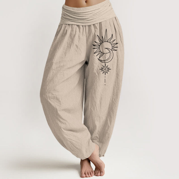 Buddha Stones Pantalones harem de algodón puro con estampado de sol, luna y estrellas para mujer, con cintura elástica. - Broncearse - US16，UK/AU20，EU48 (3XL) - image 11