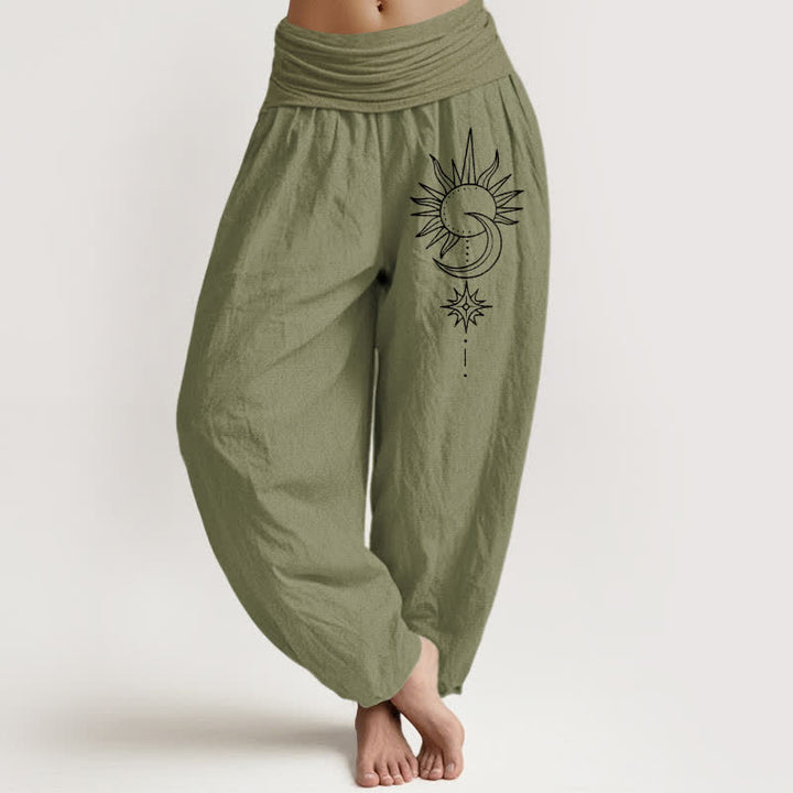 Buddha Stones Pantalones harem de algodón puro con estampado de sol, luna y estrellas para mujer, con cintura elástica. - Verde oliva - US16，UK/AU20，EU48 (3XL) - image 14