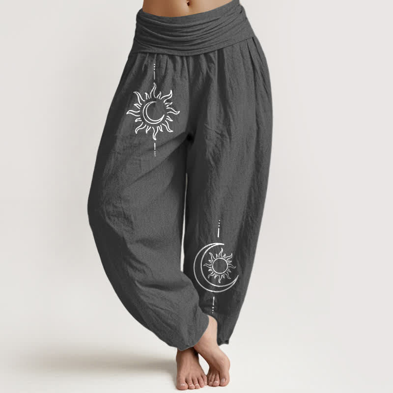 Buddha Stones Pantalones harem de algodón puro con estampado de luna y sol para mujer, cintura elástica. - Gris oscuro - US16，UK/AU20，EU48 (3XL) - image 0