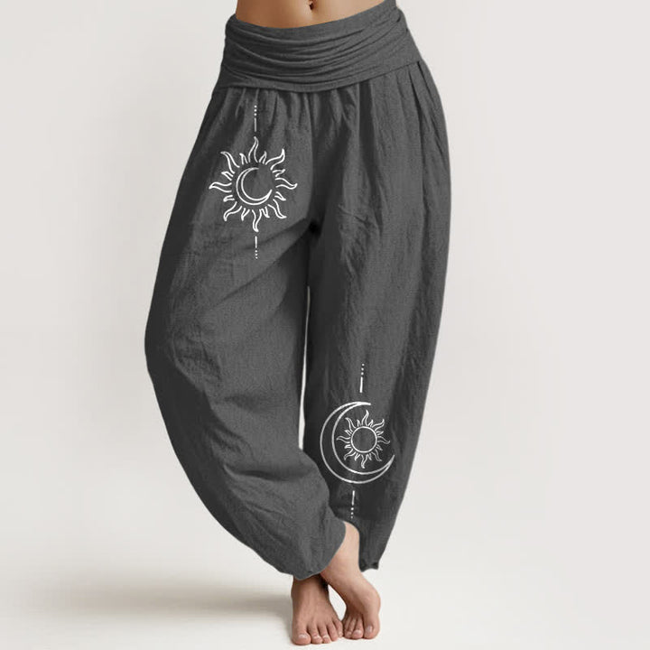 Buddha Stones Pantalones harem de algodón puro con estampado de luna y sol para mujer, cintura elástica. - Gris oscuro - US16，UK/AU20，EU48 (3XL) - image 0