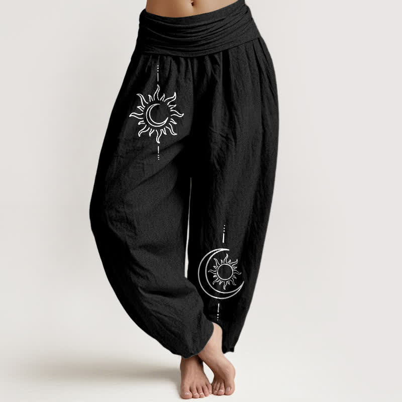 Buddha Stones Pantalones harem de algodón puro con estampado de luna y sol para mujer, cintura elástica. - Negro - US16，UK/AU20，EU48 (3XL) - image 5