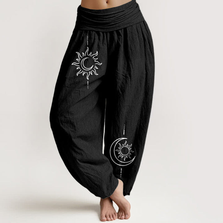 Buddha Stones Pantalones harem de algodón puro con estampado de luna y sol para mujer, cintura elástica. - Negro - US16，UK/AU20，EU48 (3XL) - image 5