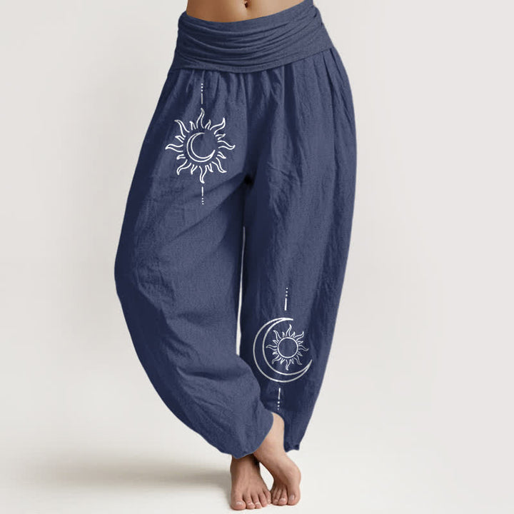Buddha Stones Pantalones harem de algodón puro con estampado de luna y sol para mujer, cintura elástica. - Azul pizarra oscuro - US16，UK/AU20，EU48 (3XL) - image 8