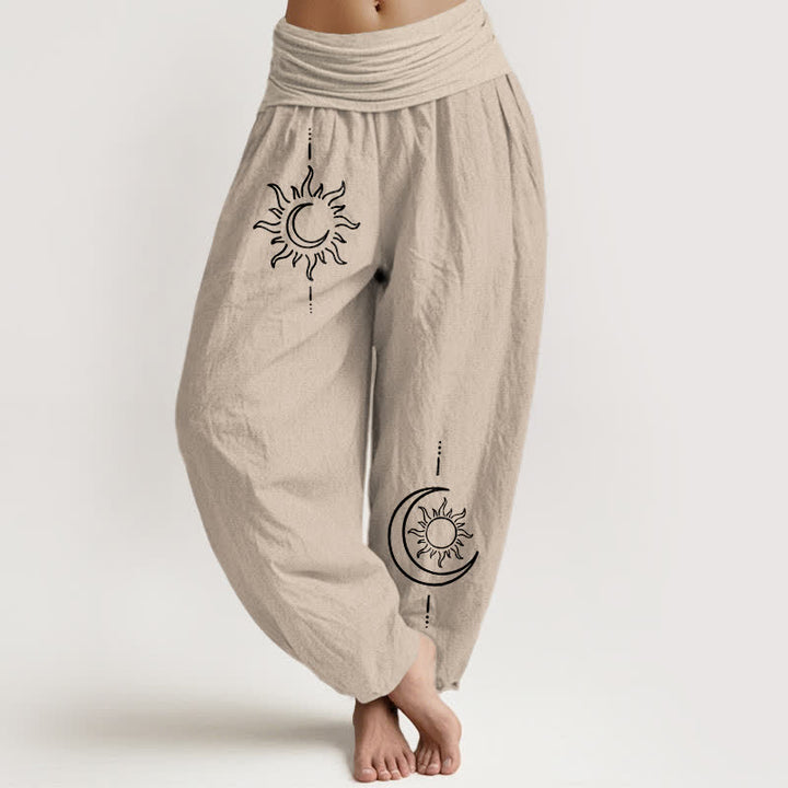 Buddha Stones Pantalones harem de algodón puro con estampado de luna y sol para mujer, cintura elástica. - Broncearse - US16，UK/AU20，EU48 (3XL) - image 11