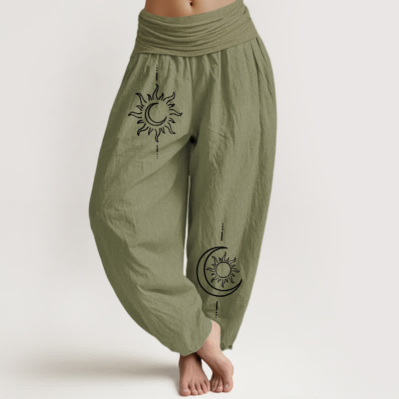 Buddha Stones Pantalones harem de algodón puro con estampado de luna y sol para mujer, cintura elástica. - Verde oliva - US16，UK/AU20，EU48 (3XL) - image 14