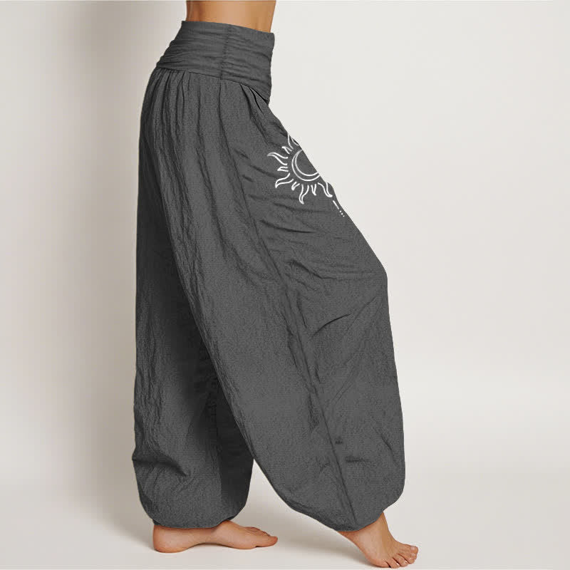 Buddha Stones Pantalones harem de algodón puro con estampado de luna y sol para mujer, cintura elástica. - image 1
