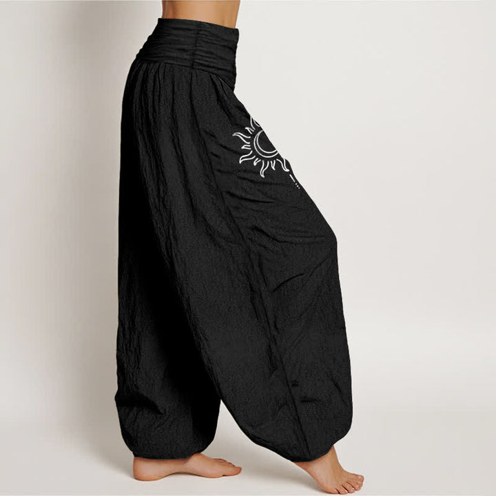 Buddha Stones Pantalones harem de algodón puro con estampado de luna y sol para mujer, cintura elástica. - image 6