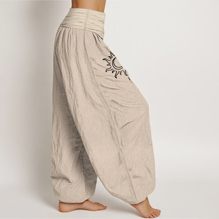 Buddha Stones Pantalones harem de algodón puro con estampado de luna y sol para mujer, cintura elástica. - image 12