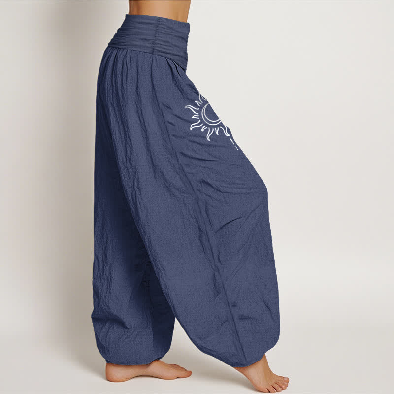 Buddha Stones Pantalones harem de algodón puro con estampado de luna y sol para mujer, cintura elástica. - image 9