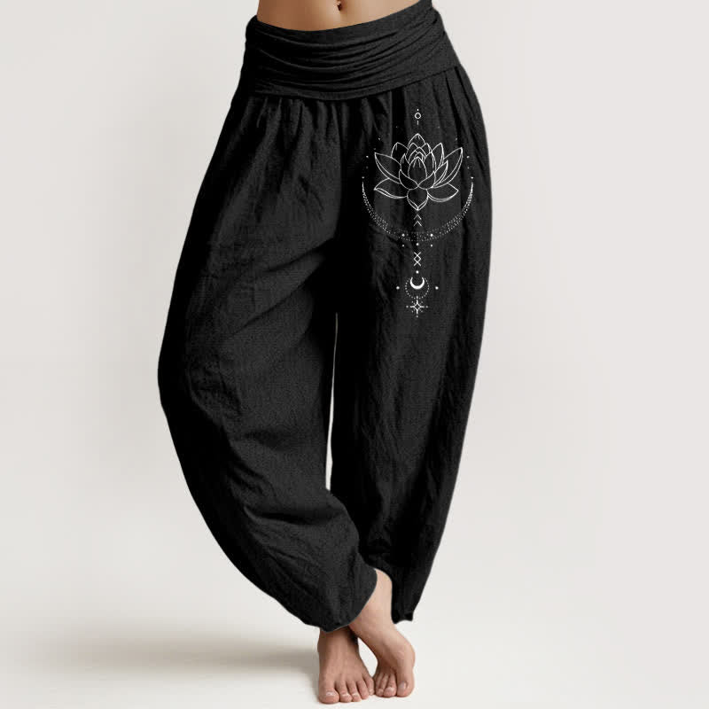 Buddha Stones Pantalones harem de mujer con cintura elástica y estampado de luna creciente de loto de algodón puro para mujer. - Negro - US16，UK/AU20，EU48 (3XL) - image 0