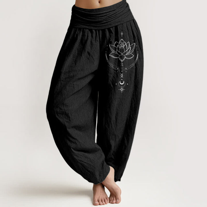 Buddha Stones Pantalones harem de mujer con cintura elástica y estampado de luna creciente de loto de algodón puro para mujer. - Negro - US16，UK/AU20，EU48 (3XL) - image 0