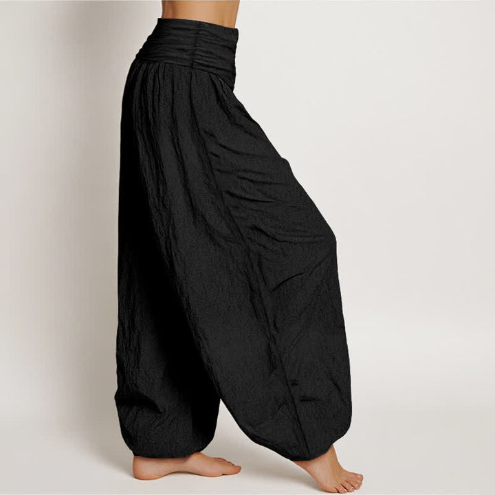 Buddha Stones Pantalones harem de mujer con cintura elástica y estampado de luna creciente de loto de algodón puro para mujer. - image 2