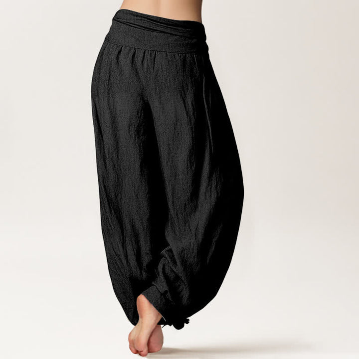 Buddha Stones Pantalones harem de mujer con cintura elástica y estampado de luna creciente de loto de algodón puro para mujer. - image 1