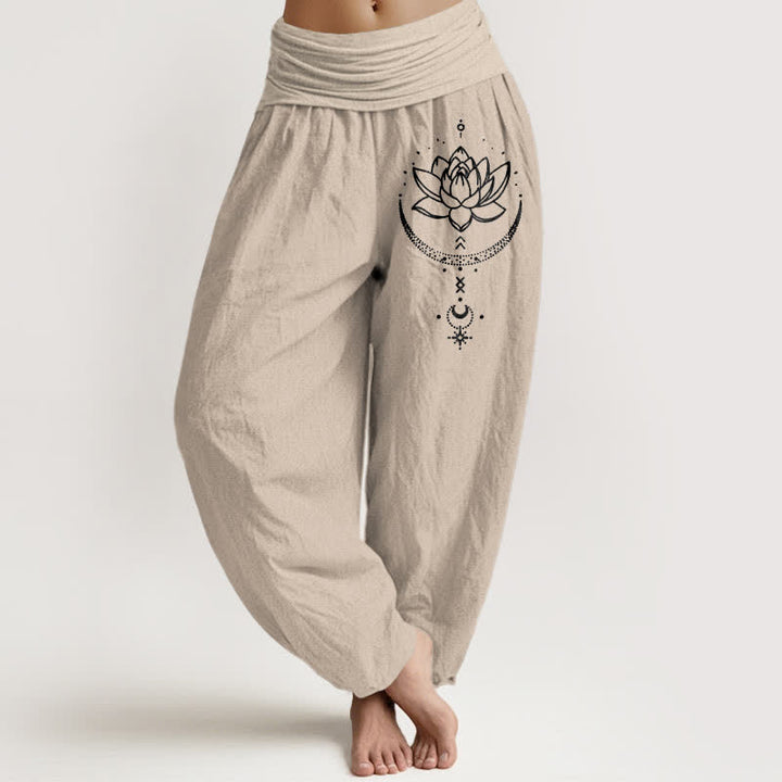 Buddha Stones Pantalones harem de mujer con cintura elástica y estampado de luna creciente de loto de algodón puro para mujer. - Broncearse - US16，UK/AU20，EU48 (3XL) - image 11
