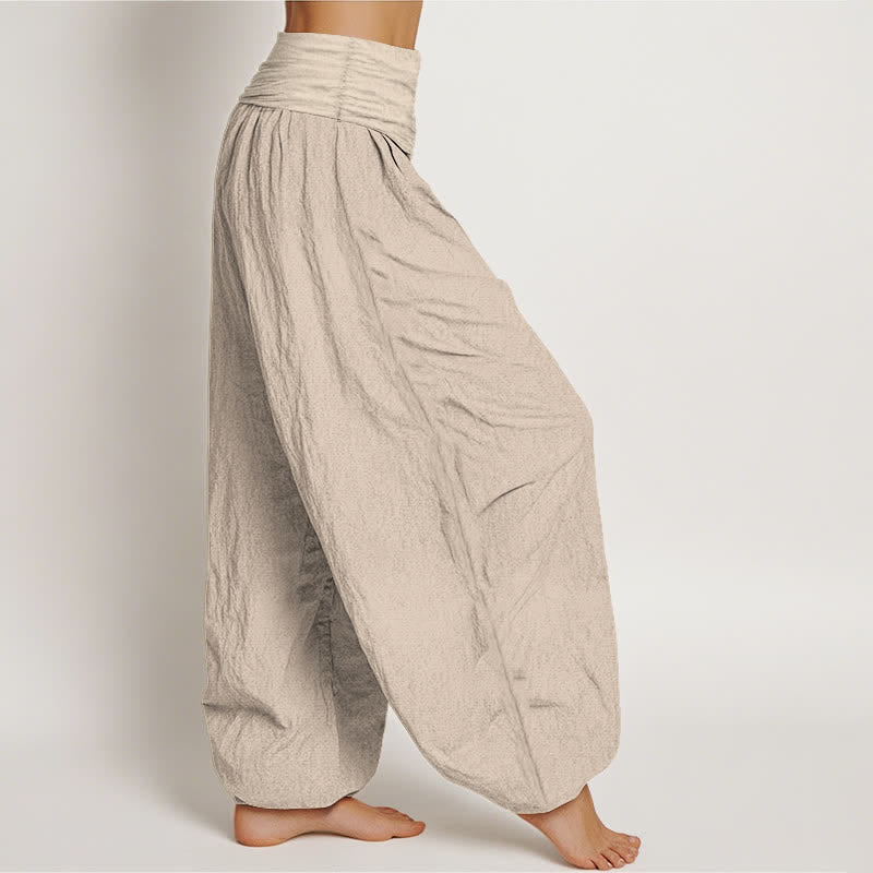 Buddha Stones Pantalones harem de mujer con cintura elástica y estampado de luna creciente de loto de algodón puro para mujer. - image 12