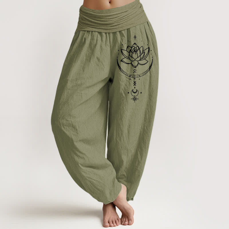 Buddha Stones Pantalones harem de mujer con cintura elástica y estampado de luna creciente de loto de algodón puro para mujer. - Verde oliva - US16，UK/AU20，EU48 (3XL) - image 14