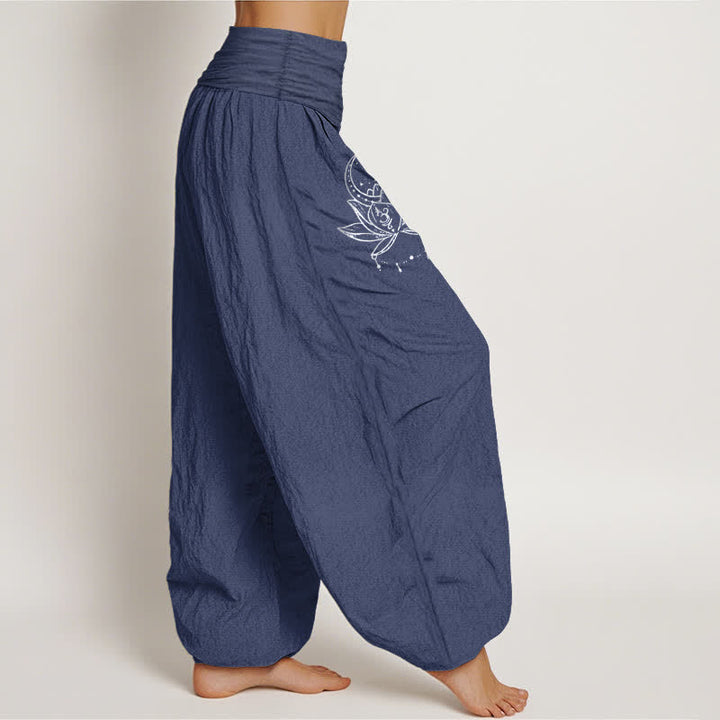 Buddha Stones Pantalones harem de algodón puro con estampado de loto y luna para mujer, cintura elástica. - image 1