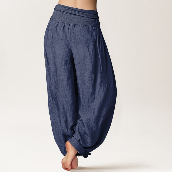 Buddha Stones Pantalones harem de algodón puro con estampado de loto y luna para mujer, cintura elástica. - image 2