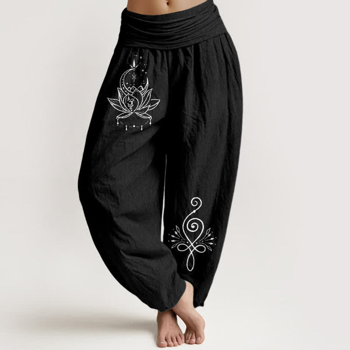 Buddha Stones Pantalones harem de algodón puro con estampado de loto y luna para mujer, cintura elástica. - Negro - US16，UK/AU20，EU48 (3XL) - image 5