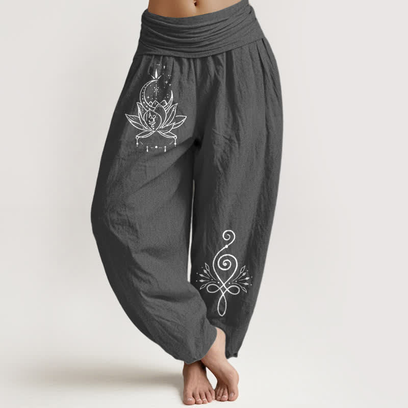 Buddha Stones Pantalones harem de algodón puro con estampado de loto y luna para mujer, cintura elástica. - Gris oscuro - US16，UK/AU20，EU48 (3XL) - image 8