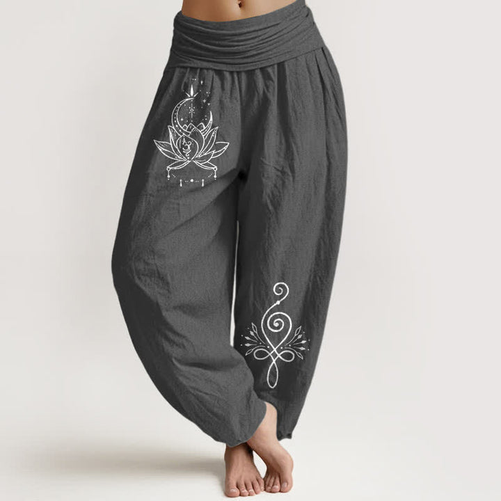 Buddha Stones Pantalones harem de algodón puro con estampado de loto y luna para mujer, cintura elástica. - Gris oscuro - US16，UK/AU20，EU48 (3XL) - image 8