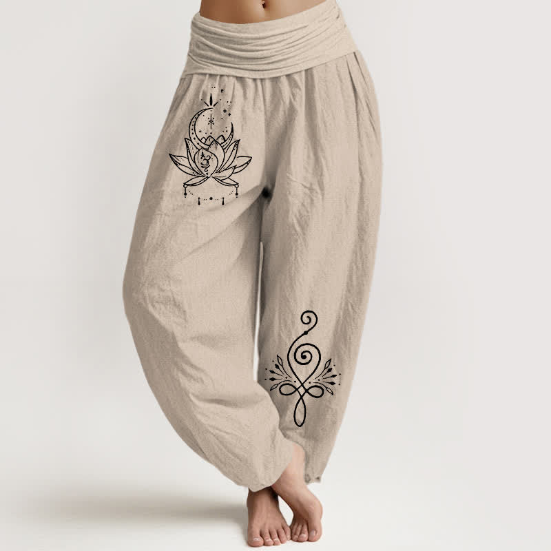 Buddha Stones Pantalones harem de algodón puro con estampado de loto y luna para mujer, cintura elástica. - Broncearse - US16，UK/AU20，EU48 (3XL) - image 11