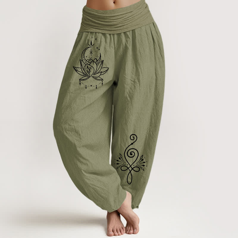 Buddha Stones Pantalones harem de algodón puro con estampado de loto y luna para mujer, cintura elástica. - Verde oliva - US16，UK/AU20，EU48 (3XL) - image 14