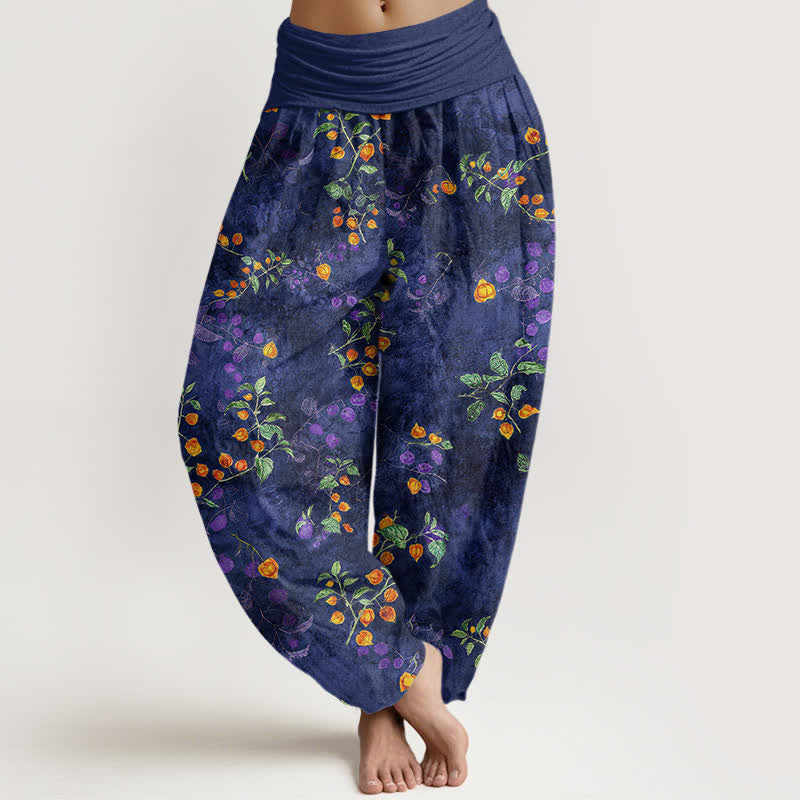 Buddha Stones Pantalones harem de mujer con cintura elástica y estampado de enredaderas de azahar de algodón. - Marina de guerra - US16，UK/AU20，EU48 (3XL) - image 0