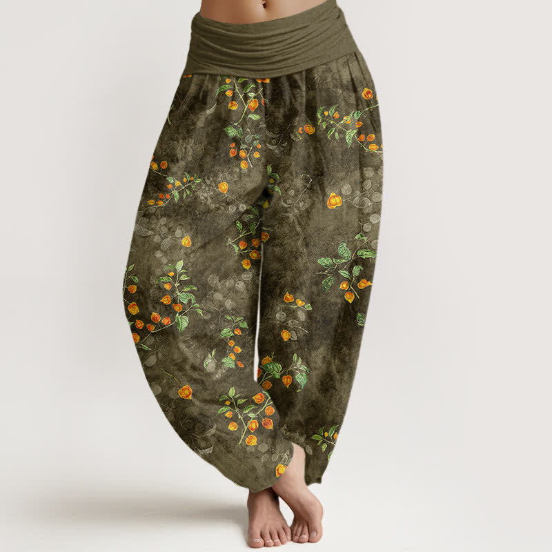 Buddha Stones Pantalones harem de mujer con cintura elástica y estampado de enredaderas de azahar de algodón. - Verde oliva oscuro - US16，UK/AU20，EU48 (3XL) - image 5