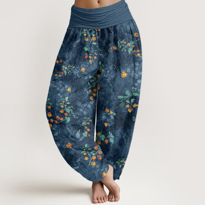 Buddha Stones Pantalones harem de mujer con cintura elástica y estampado de enredaderas de azahar de algodón. - Azul acero - US16，UK/AU20，EU48 (3XL) - image 8