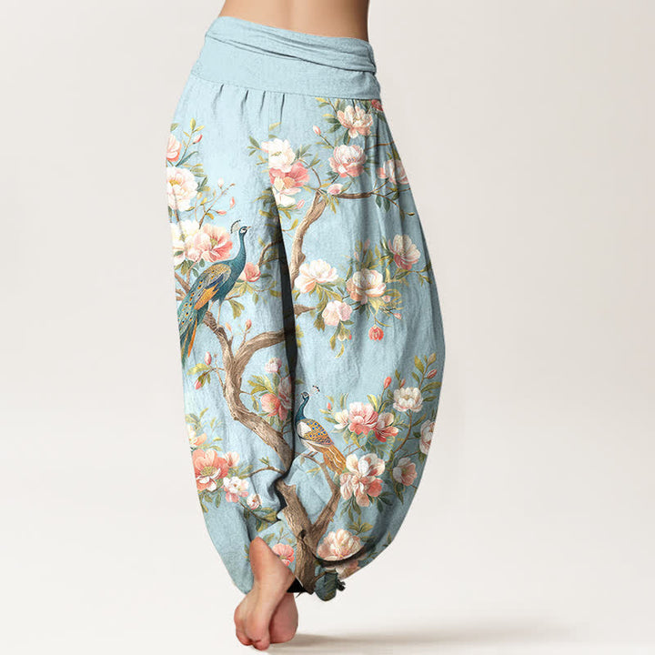 Buddha Stones Pantalones harem de algodón con estampado de flores de pavo real y cintura elástica para mujer. - image 2