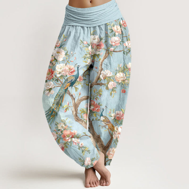 Buddha Stones Pantalones harem de algodón con estampado de flores de pavo real y cintura elástica para mujer. - Azul claro - US16，UK/AU20，EU48 (3XL) - image 0